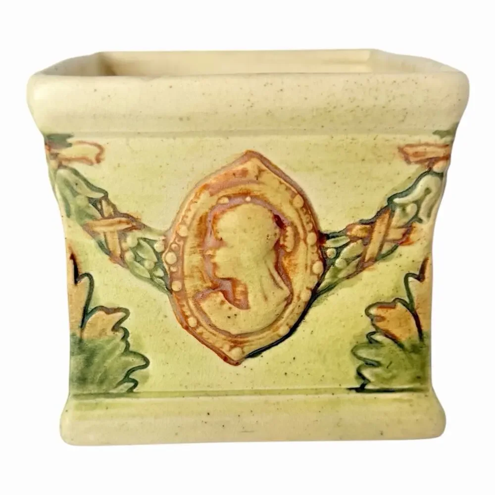 Vintage Weller Pottery Roma Medallion Square Planter Cream Cameo Medallion